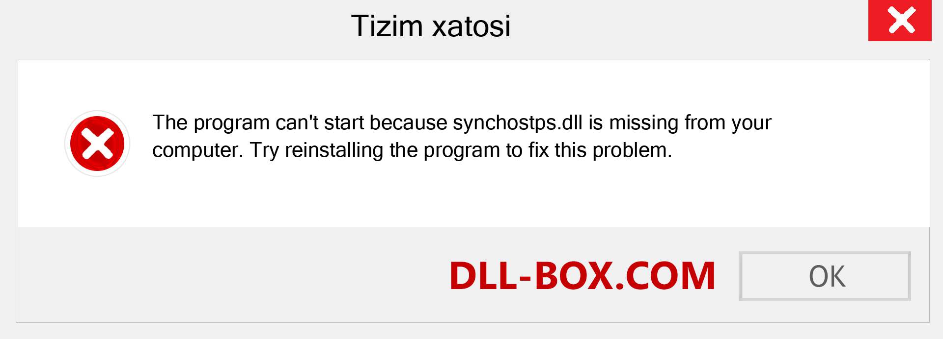 synchostps.dll fayli yo'qolganmi?. Windows 7, 8, 10 uchun yuklab olish - Windowsda synchostps dll etishmayotgan xatoni tuzating, rasmlar, rasmlar